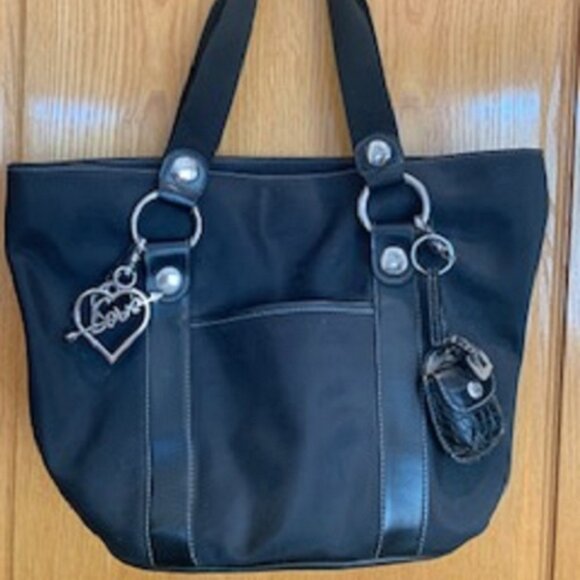 Kathy Van Zeeland Black Nylon Faux Leather Shoulder Bag Silver Charms 18" x 12 " - Picture 1 of 10